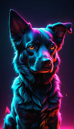 Artistic portrait of a dog in neon light on a dark background.の素材