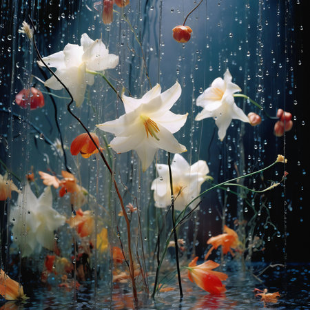 beautiful flowers under the rain, water drops on the glass, dark backgroundの素材