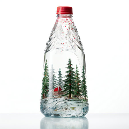 Plastic bottle of water with christmas tree on the white backgroundの素材