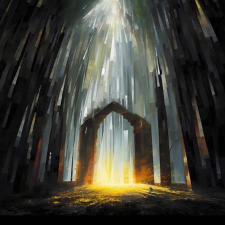 Mystical door in a dark forest at sunset.の素材