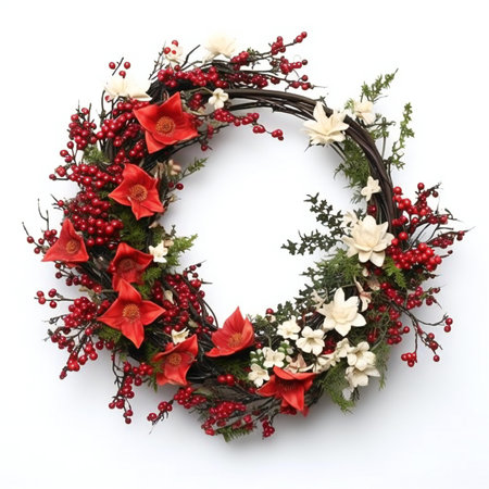 Christmas wreath with red berries and holly on a white backgroundの素材