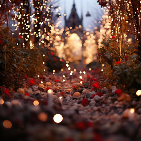 Garden decoration with red flowers and garland lights at night.の素材