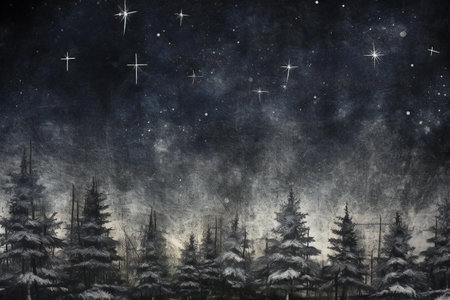 Winter landscape with fir trees and starry sky. Christmas background.の素材