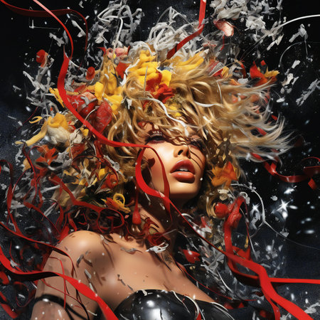 Beautiful girl with curly hair and red ribbons around her head.の素材