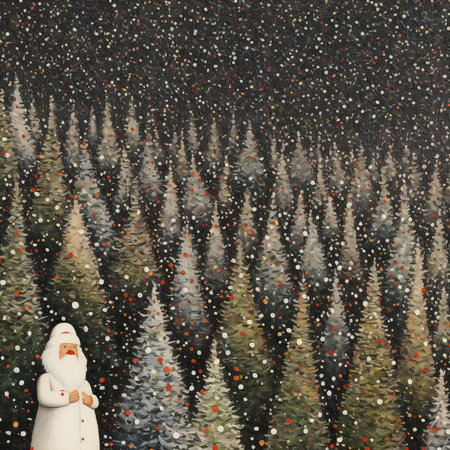 Santa Claus standing on the background of the winter forest. Christmas card.の素材