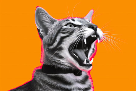 Funny cat with open mouth on orange background.の素材