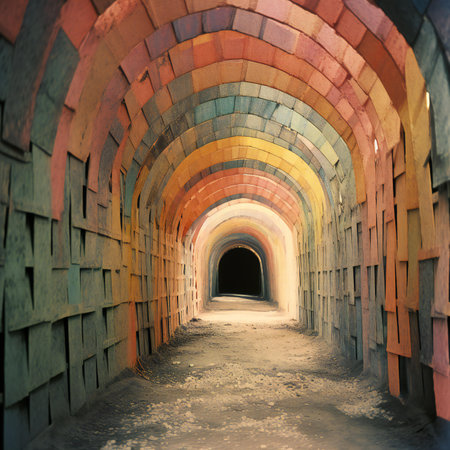 illustration of a tunnel in an abandoned factory. The tunnel is lit by sunlight.の素材