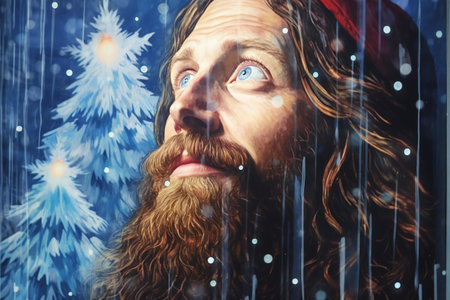 Portrait of Jesus Christ with Christmas tree and snowflakes.の素材