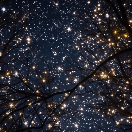 Night sky with stars and snowflakes. Winter nature background.の素材
