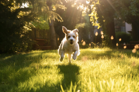 Cute dog running on the green grass at sunset in the gardenの素材