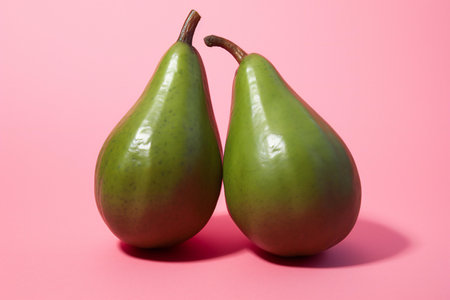 Two ripe green pears on a pink background, close-upの素材