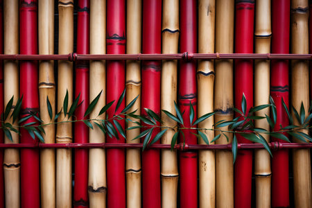 Bamboo fence background. Red bamboo fence with green bamboo leaves.の素材