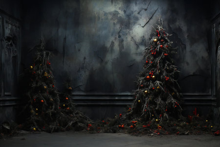 Christmas tree in dark room with garlands and lights.の素材