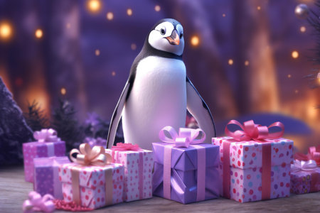 Penguin and gift boxes on wooden background. Christmas card.の素材