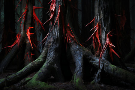 Tree roots in the dark forest with red light. Halloween concept.の素材