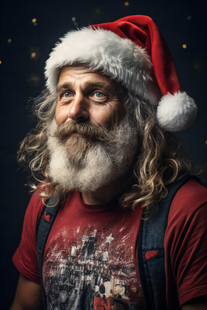 Portrait of an old man with a long white beard and a red cap of Santa Clausの素材