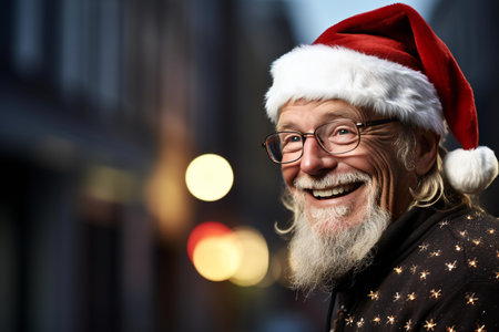 Portrait of happy senior man in Santa Claus hat on city streetの素材