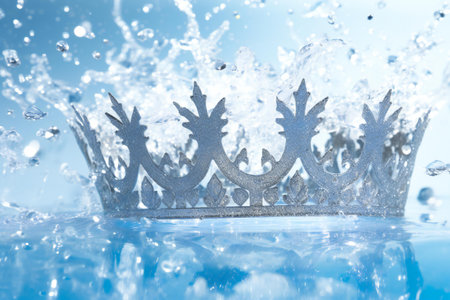 Silver crown on blue water background with splashes and drops of waterの素材
