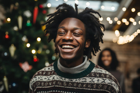 Portrait of a smiling african american young man with dreadlocks at christmas timeの素材