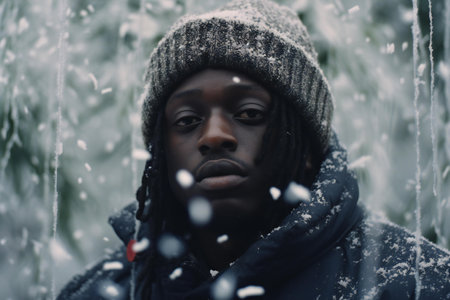 Young african american woman in winter jacket and hat standing under falling snow.の素材