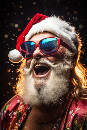 close-up portrait of a handsome man with long beard and mustache on serious face in red santa claus clothes and sunglasses on black backgroundの素材