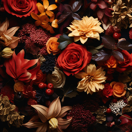 Beautiful autumn flowers on black background. Flat lay, top viewの素材