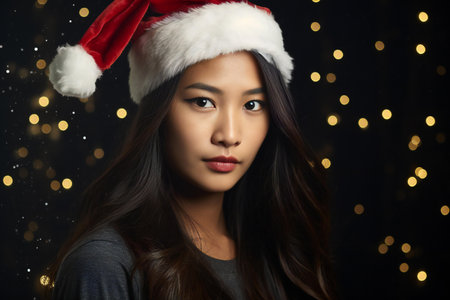 Portrait of a beautiful asian woman wearing santa claus hatの素材