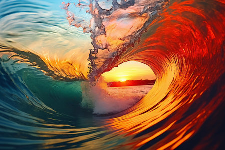 Surfing ocean wave at sunset. Beautiful natural background with copy spaceの素材