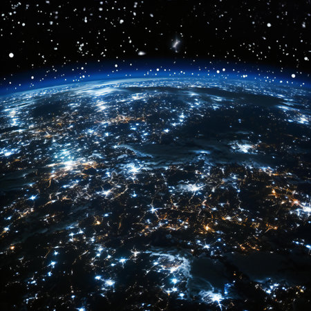 Europe at night. illustration with detailed planet surface and visible city lights.の素材