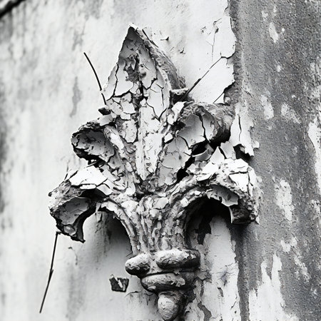 Old cracked plaster on the wall. Black and white photo. Selective focus.の素材