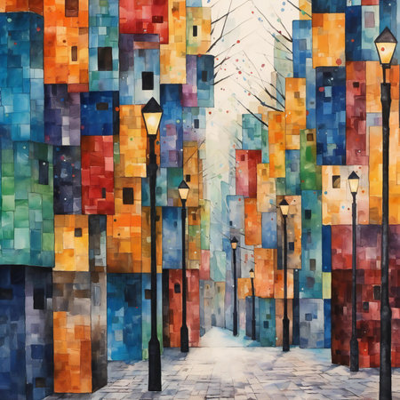 Digital painting of a street with colorful houses in the center of Madridの素材