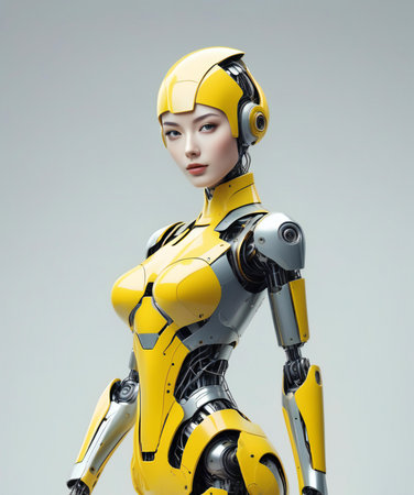3D rendering of a female robot isolated on grey background. Humanoid robotの素材