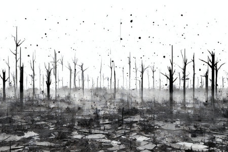 Black and white image of a burnt forest after a strong fire.の素材