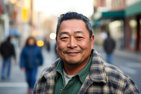 Portrait of a smiling asian man in the city street.の素材