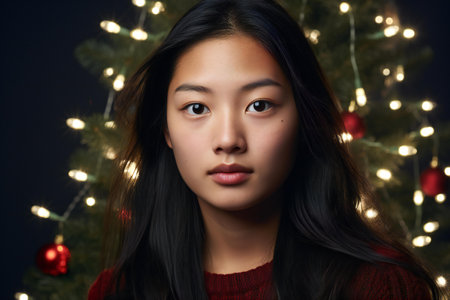 Portrait of a beautiful young asian woman with christmas tree in backgroundの素材