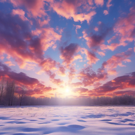 Winter landscape with snow-covered field and beautiful clouds at sunset.の素材