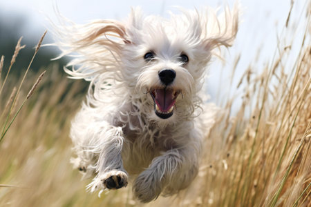 Cute Maltese dog running in a field of tall grass.の素材