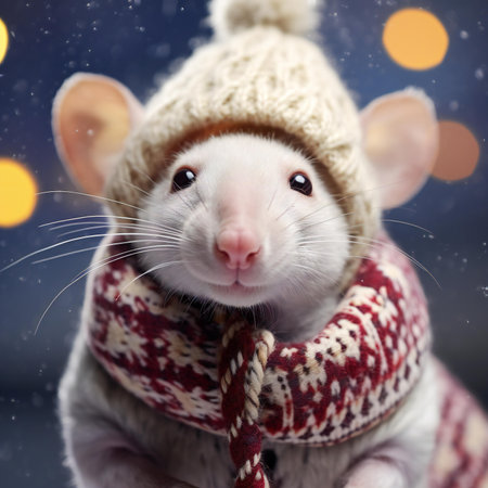 Cute white rat in a knitted hat and scarf on a background of Christmas lightsの素材