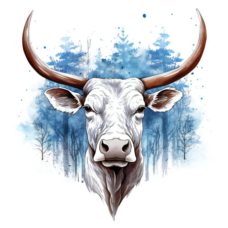 Watercolor portrait of a bull with horns in the winter forest.の素材
