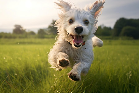 Cute white dog jumping in the green meadow on sunset.の素材