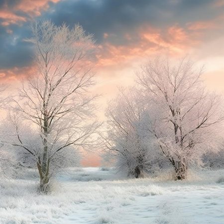 Winter landscape. Trees in hoarfrost on the background of the sunset skyの素材