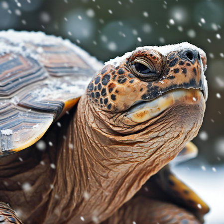 Closeup of a giant tortoise in the snow with snowflakesの素材