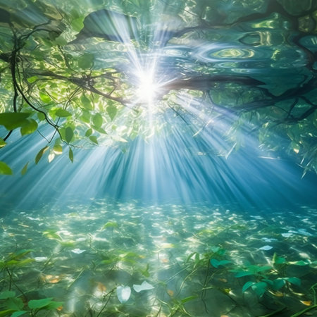 Underwater view of the seashore with the sun shining through the treesの素材