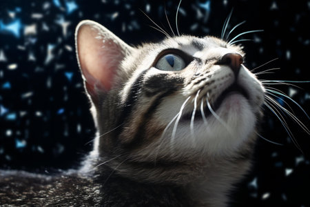 Close-up portrait of a tabby cat on a dark backgroundの素材