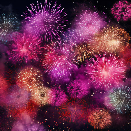Colorful fireworks on the black sky background. New Year and Christmas backgroundの素材