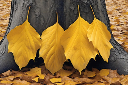 Yellow leaves on a tree trunk in the autumn forest, close-upの素材