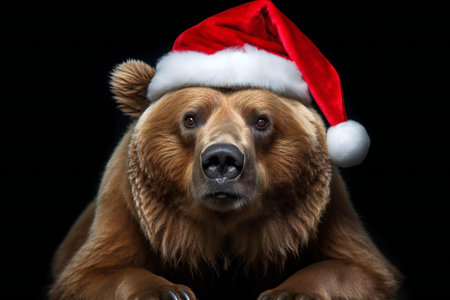 Close-up portrait of a brown bear in a Santa Claus hat on a black backgroundの素材