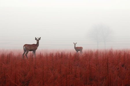 Deer in a foggy meadow with red reeds.の素材