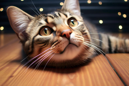Cute tabby cat lying on the wooden floor and looking upの素材