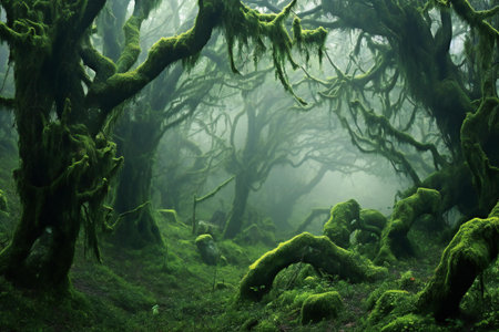 Green mossy forest in a misty morning, New Zealand.の素材